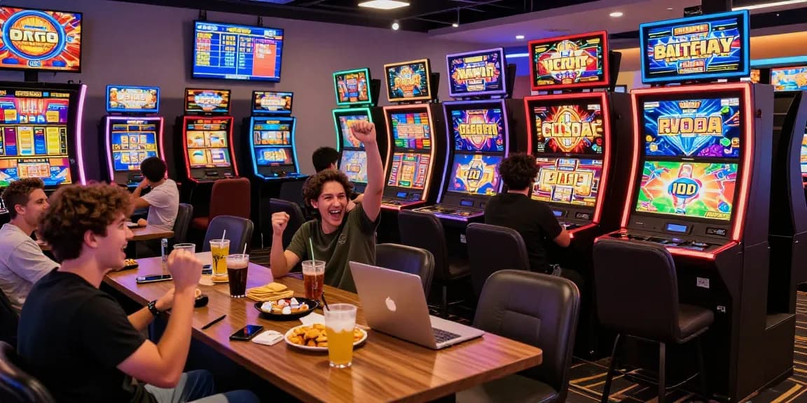 Situs slot gacor dengan pemain bahagia merayakan kemenangan di ruang permainan modern.