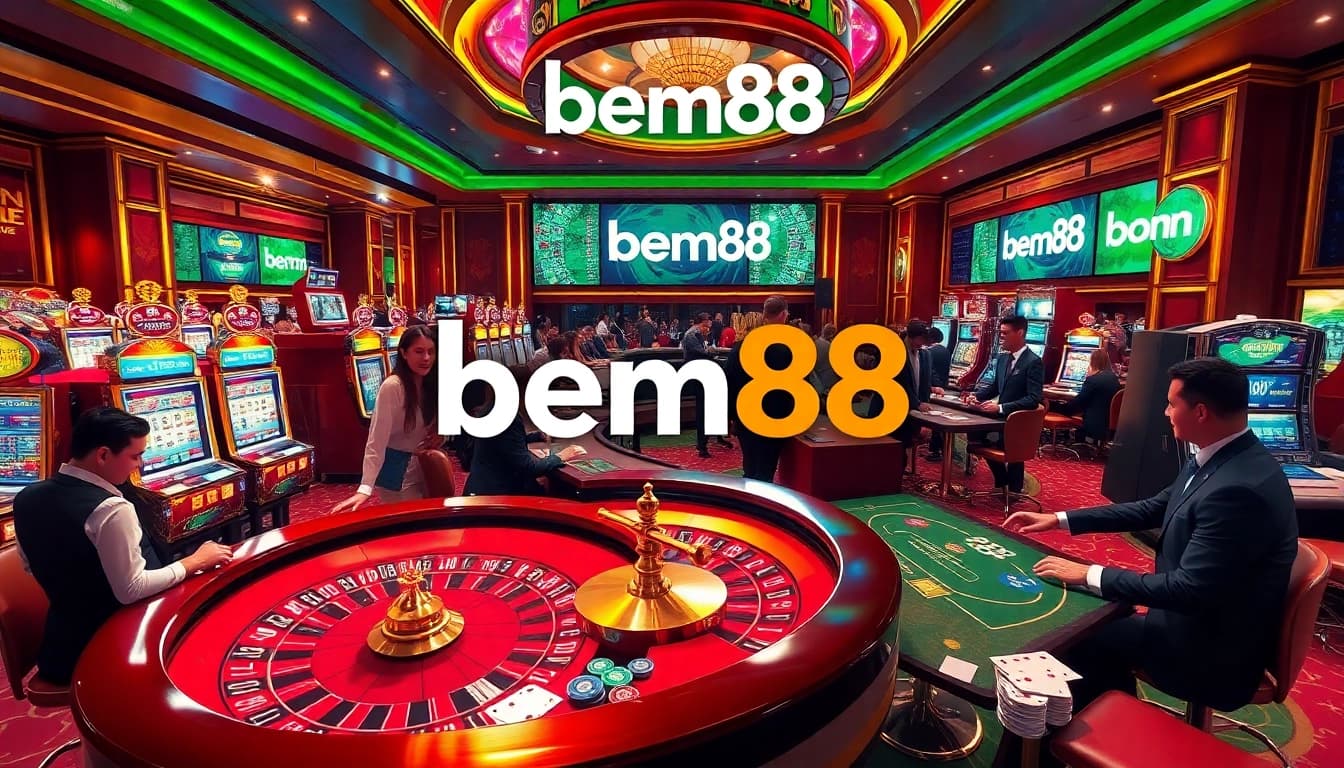 A lively casino scene featuring bem88 with players at the roulette table and vibrant slot machines.