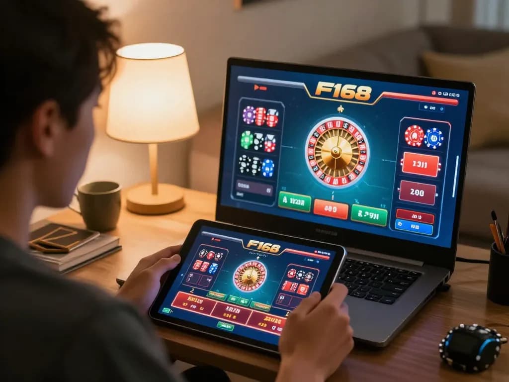 Engage with F168 online casino games using a tablet in a cozy home setting.