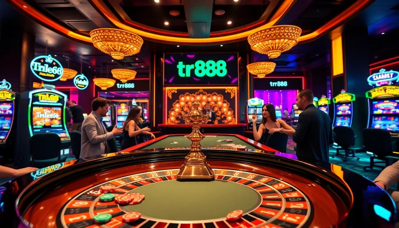 Action packed casino scene highlighting the excitement of games, showcasing the tr88 link and vibrant atmosphere.