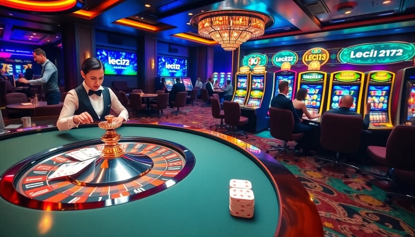 Engage with the thrilling world of leci123 at a luxurious casino, featuring roulette, cards, and vibrant slot machines.
