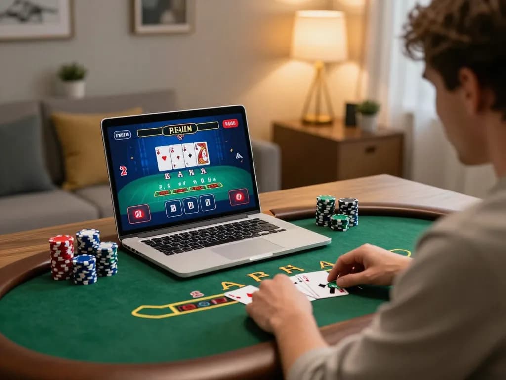 X88 player engaged in an online poker game using a laptop in a stylish home office setting