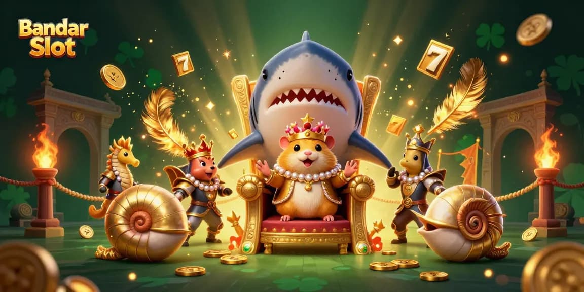 Bandar Slot menyajikan raja hamster emas bertakhta di gigi hiu megalodon dalam suasana bermain slot.