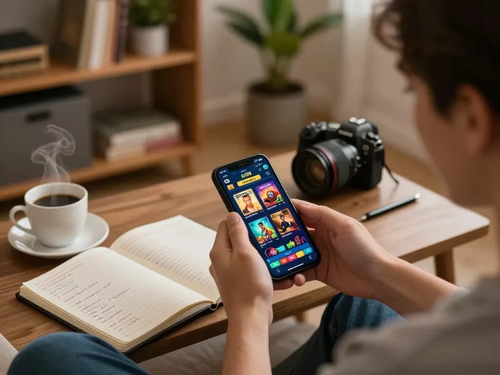 Player engaging with gi88 casino app on smartphone in a cozy home setting, showcasing online gaming action.