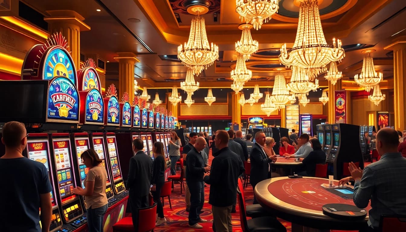 Experience the excitement of Diwa777 with lively casino patrons enjoying vibrant slot machines.