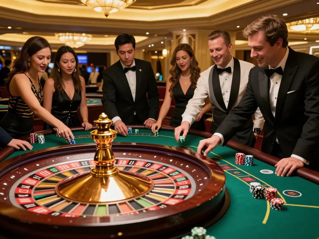 Players at UU88 excitedly place bets while enjoying an exhilarating roulette game in an upscale casino.