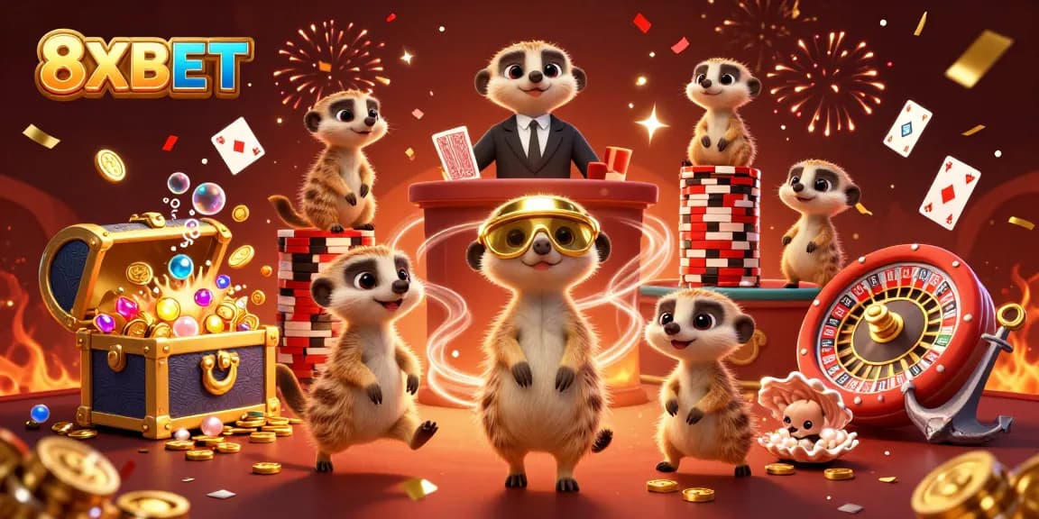 Experience thrilling gaming action at 8XBET with dynamic casino features and vibrant meerkat characters.