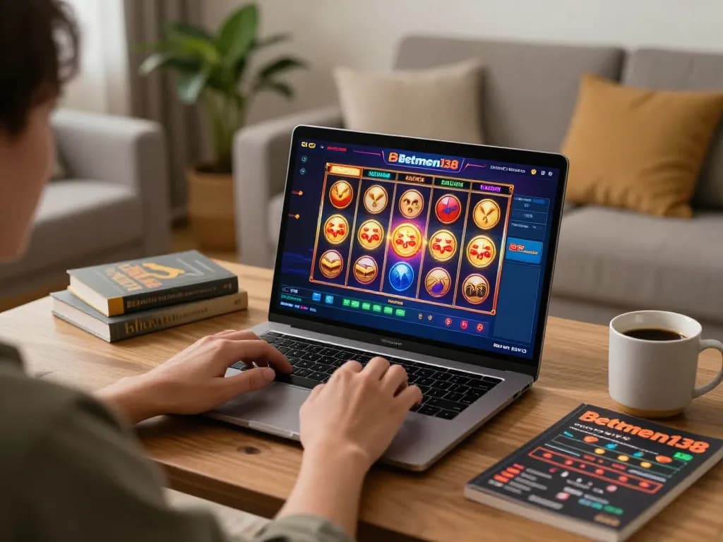 Betmen138 interactive online gaming session with player engaged in slots, laptop screen visible.
