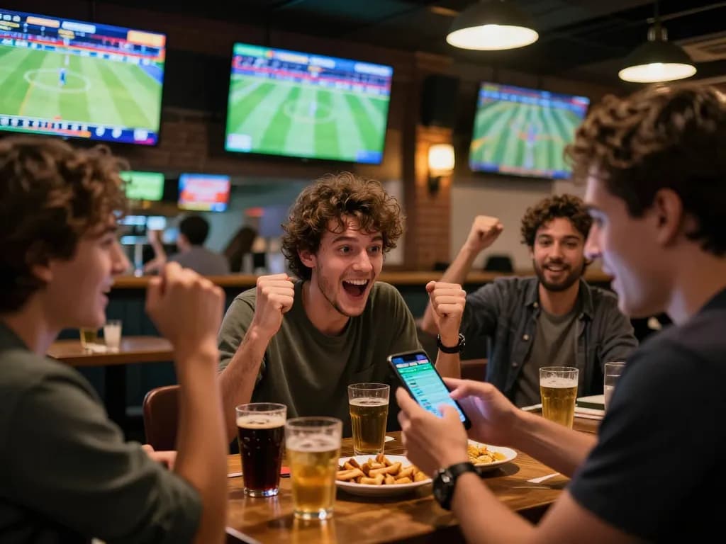 Sun win excitement captured as person places bets on a smartphone in a vibrant sports bar