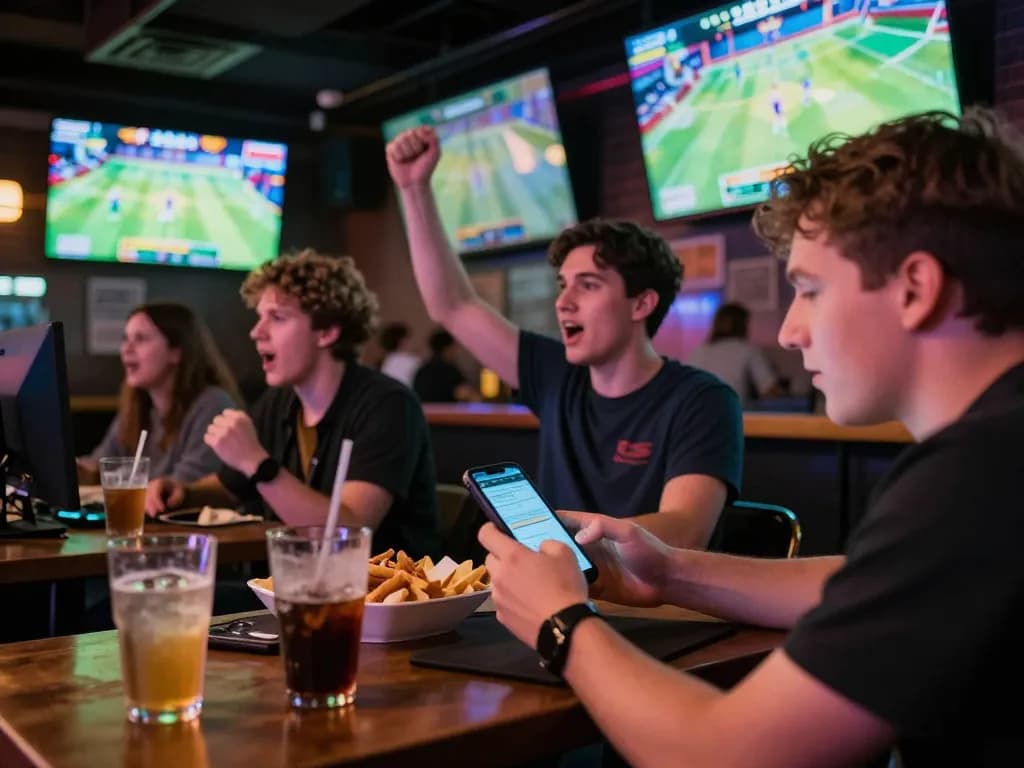 Exciting esports betting scene at a sports bar showcasing TR88 mobile app in action