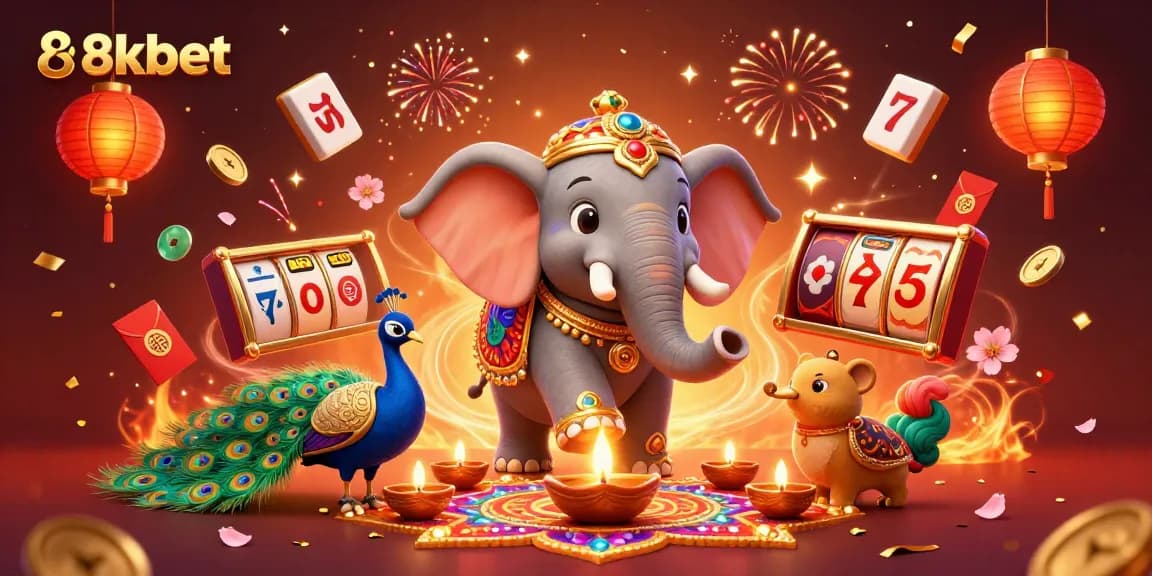 8xbet participates in mega jackpots with festive elephant and peacock amidst vibrant casino elements.