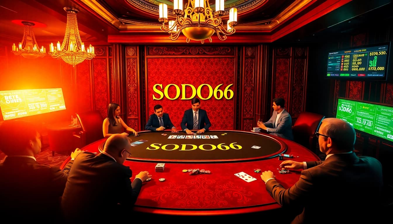 SODO66 players engaging in a thrilling poker game at an upscale casino table.