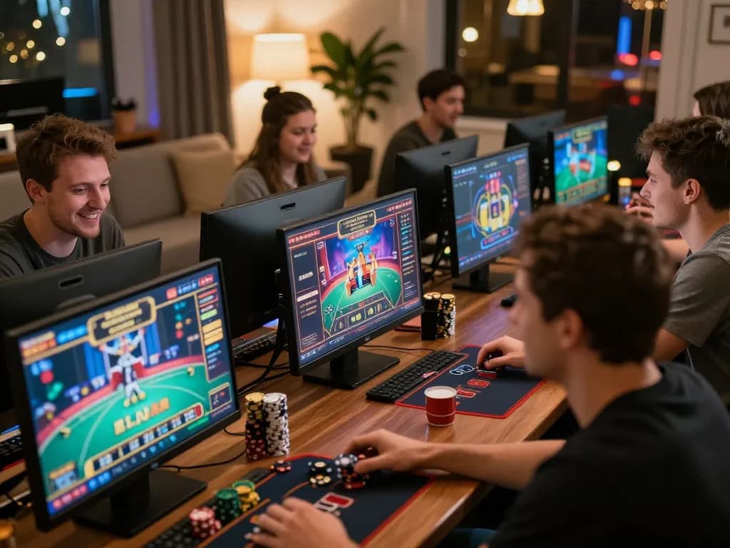 Players joyously engaging in online gambling on fabet under warm ambient lighting