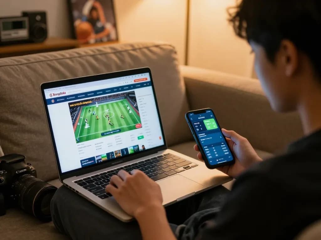 Engaging home sports betting session where users xem tỷ số bongdalu on a laptop while analyzing odds on a smartphone.