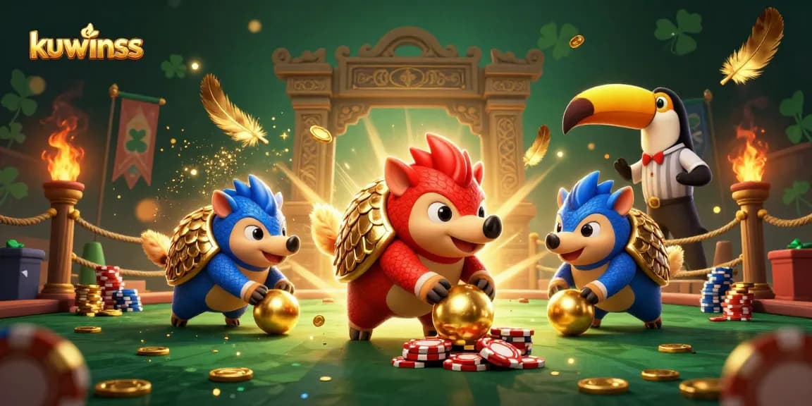 Kuwinss players enjoy thrilling victories with dynamic pangolins bowling through poker chips in a vibrant casino scene.