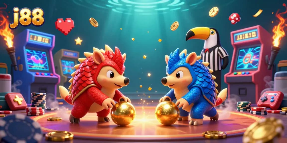 Engage with j88 gaming as rival pangolins collide over poker chips in vibrant 3D excellence.