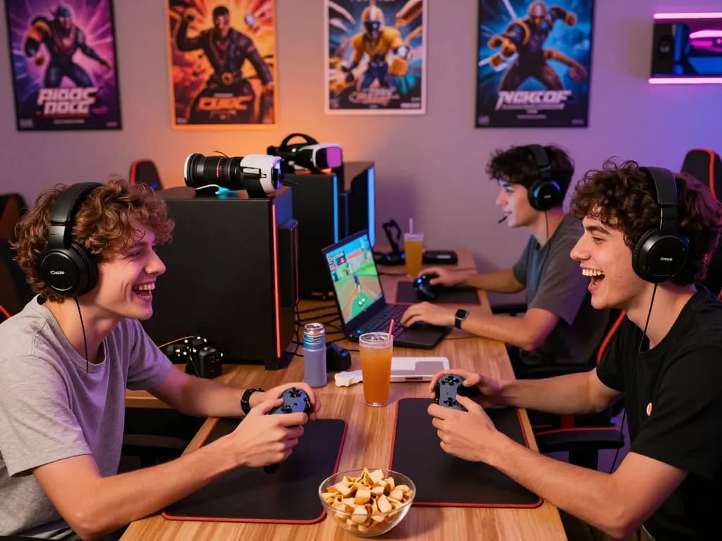 Gamers enjoying porngames in a lively gaming lounge with colorful decor and dynamic interaction.