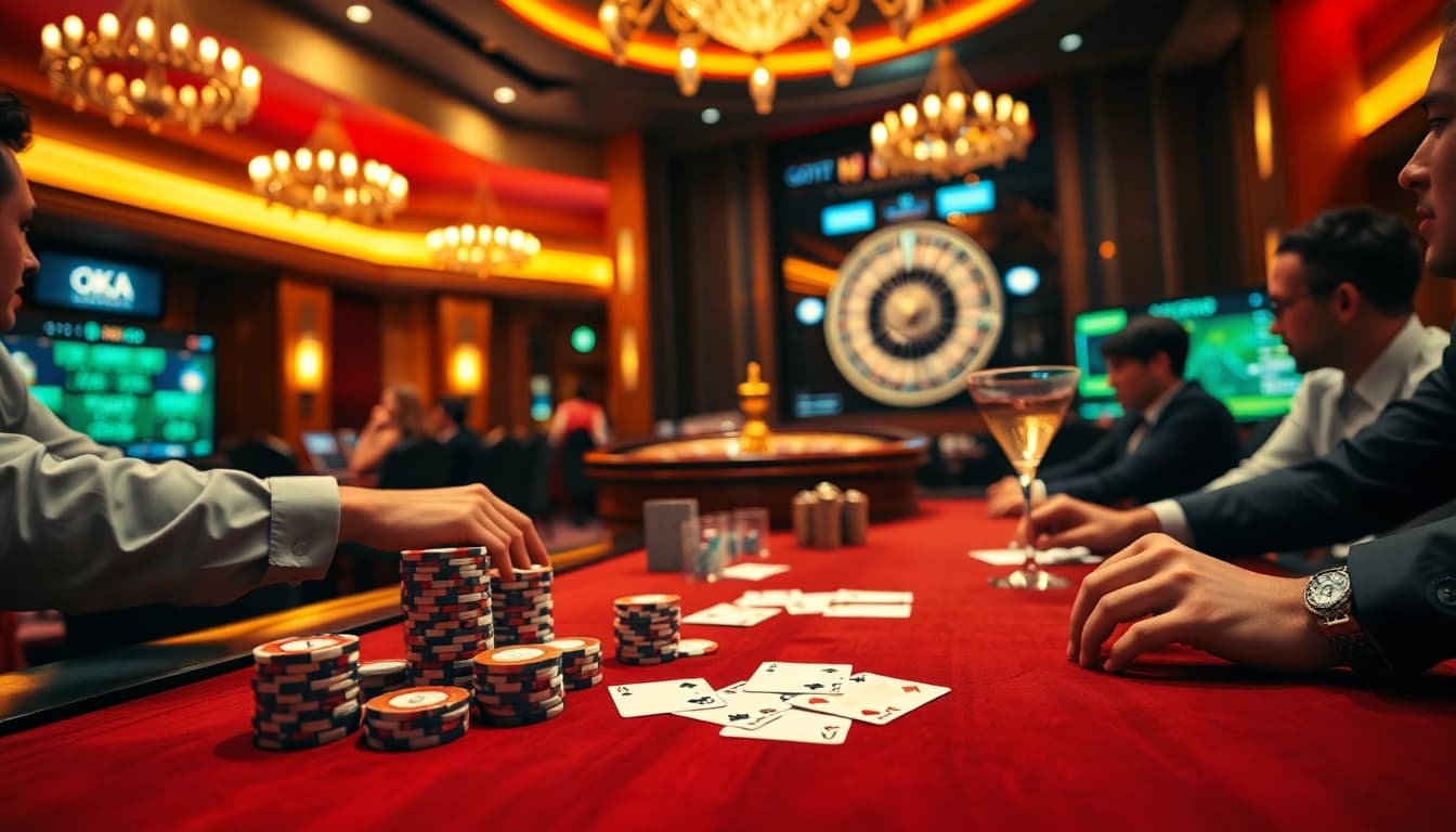 Playing poker at OKATM's luxurious casino table with vibrant energy and excitement.