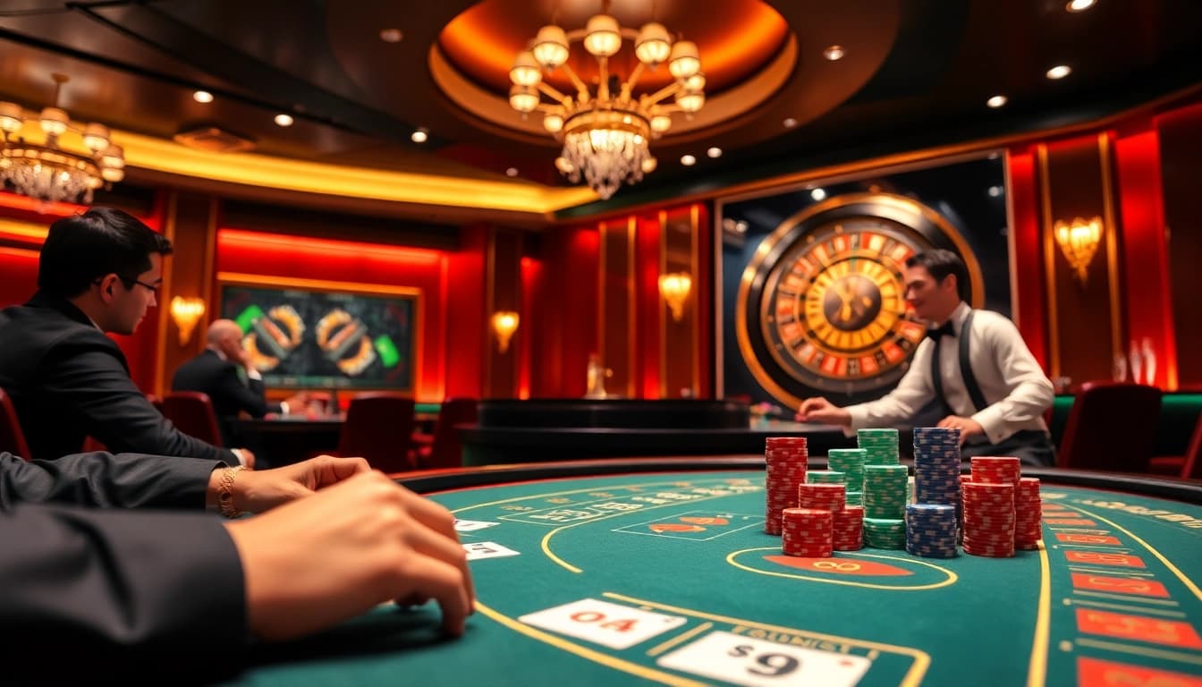 Experience the thrill of gambling at https://go99.institute/, featuring an elegant blackjack table and vibrant casino atmosphere.