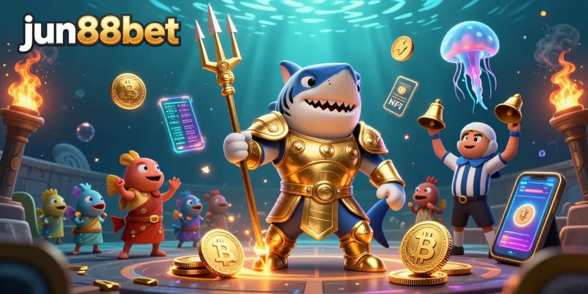 Experience thrilling gameplay at jun88bet with a fierce shark gladiator in a vibrant underwater arena.