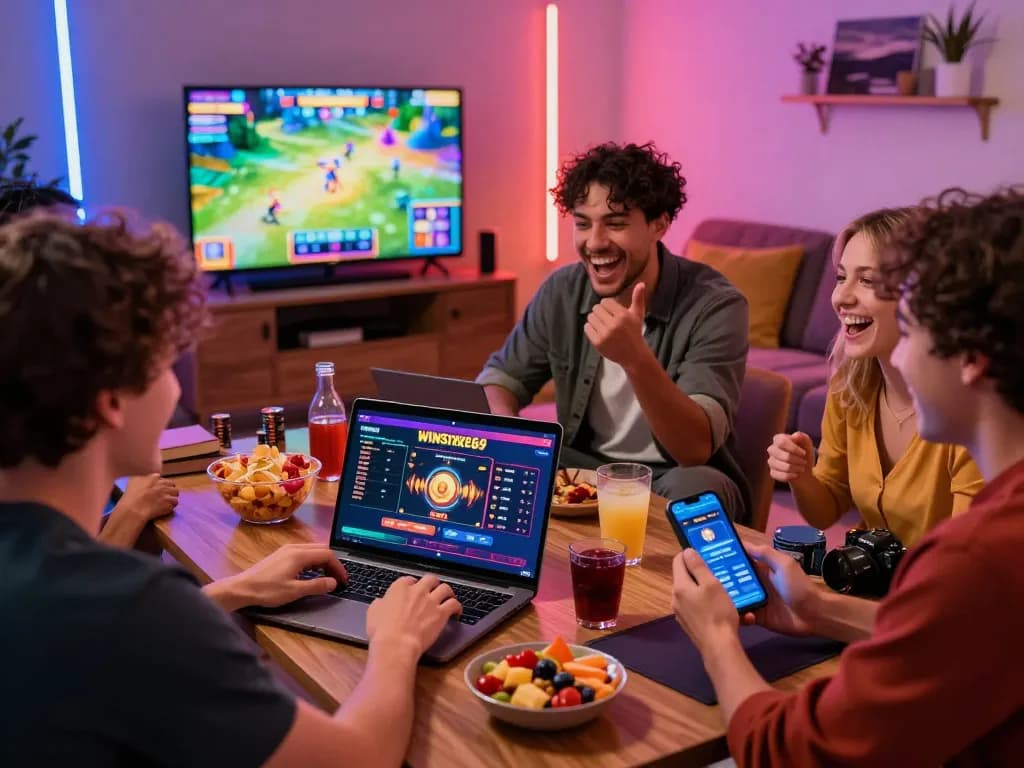 Friends enjoying gaming on winstrike69 platform with snacks in a vibrant setting