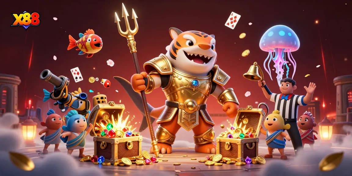 x88 rises in excitement surrounded by a vibrant 3D underwater casino scene with illuminating treasures and thrilling games.