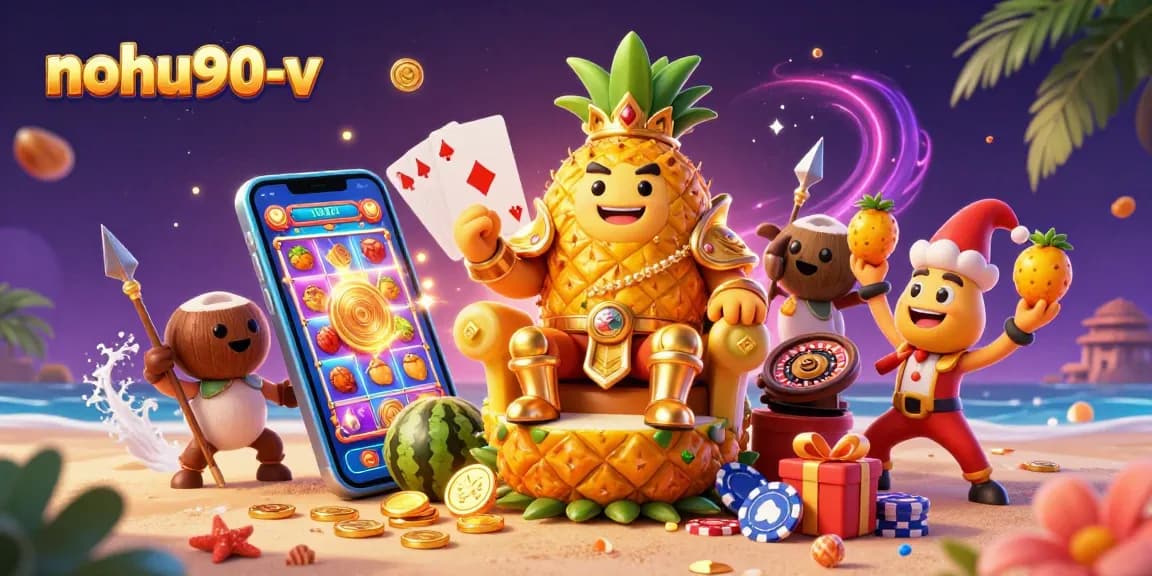 Nohu90-v showcases colorful slot game action with vibrant characters, celebrating online gaming excitement.