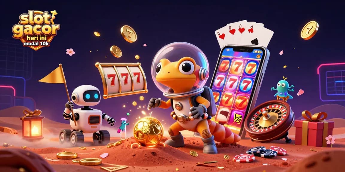 Engage in exciting gameplay with a vibrant 3D illustration of slot gacor hari ini modal 10k featuring golden coins and lively characters.
