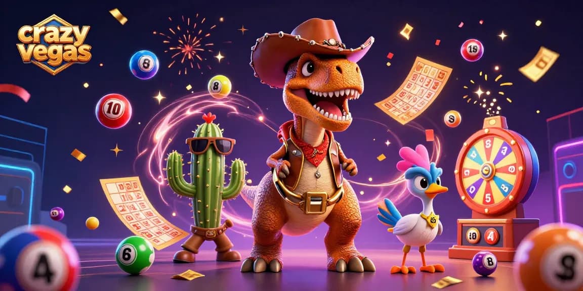 Experience thrilling gameplay at crazyvegas with animated lottery balls, bingo cards, and a fun dinosaur.
