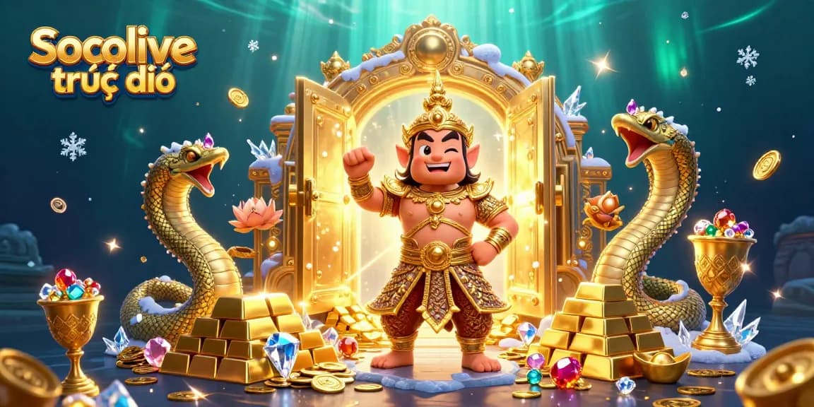 Socolive trực tiếp showcases vibrant slots action amidst golden treasures and Naga companions.