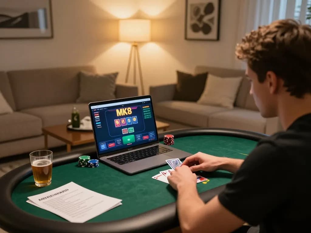 Player engaging in thrilling online poker gameplay on MK8 with focused strategy in a cozy home setting