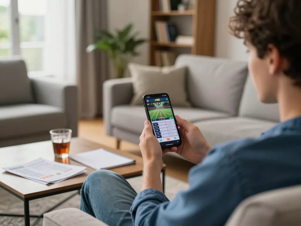 Engaging in sports betting with the rr88 app on smartphone in a modern living room.