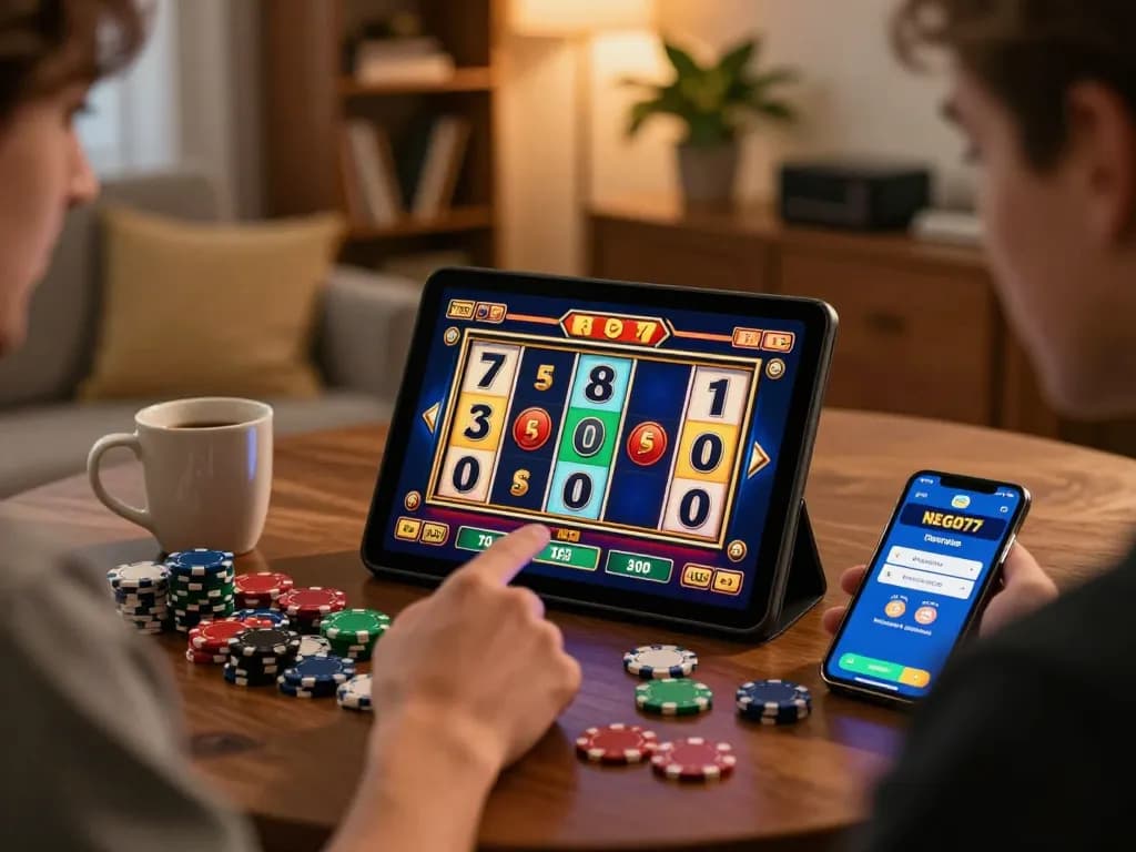 Player enjoying a colorful slot game on nego77 app in a cozy home environment.