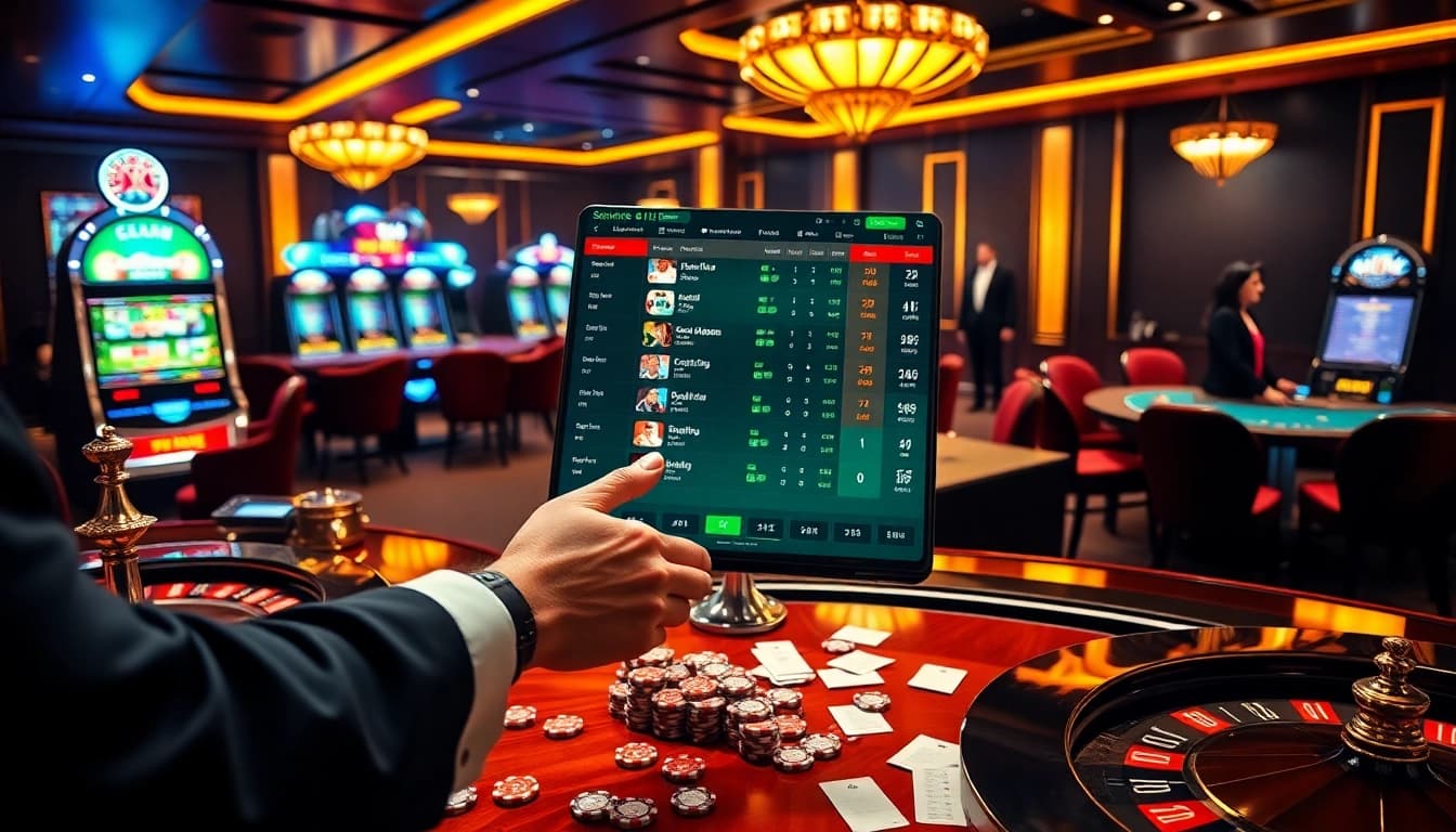 Engaged gambler placing bets on Nhà cái cá cược thể thao with vibrant live odds and poker chips