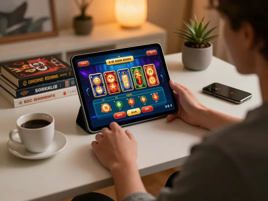 Player engaging with 789 online casino app on tablet in cozy home environment