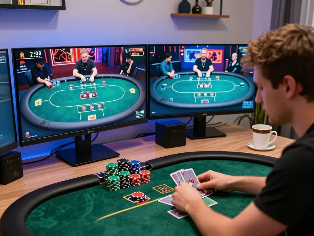 Engaging poker gameplay at home showing uu88 platform interface, player focused on strategy.
