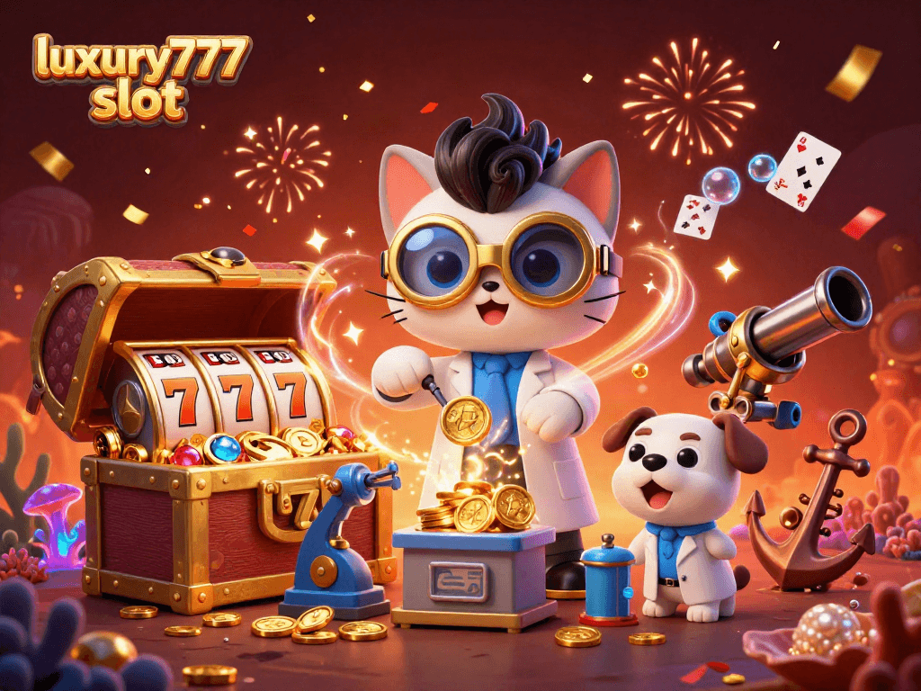 Bermain mesin slot luxury777 slot dengan karakter kucing ilmuwan gila dan anjing pelayan di lab.