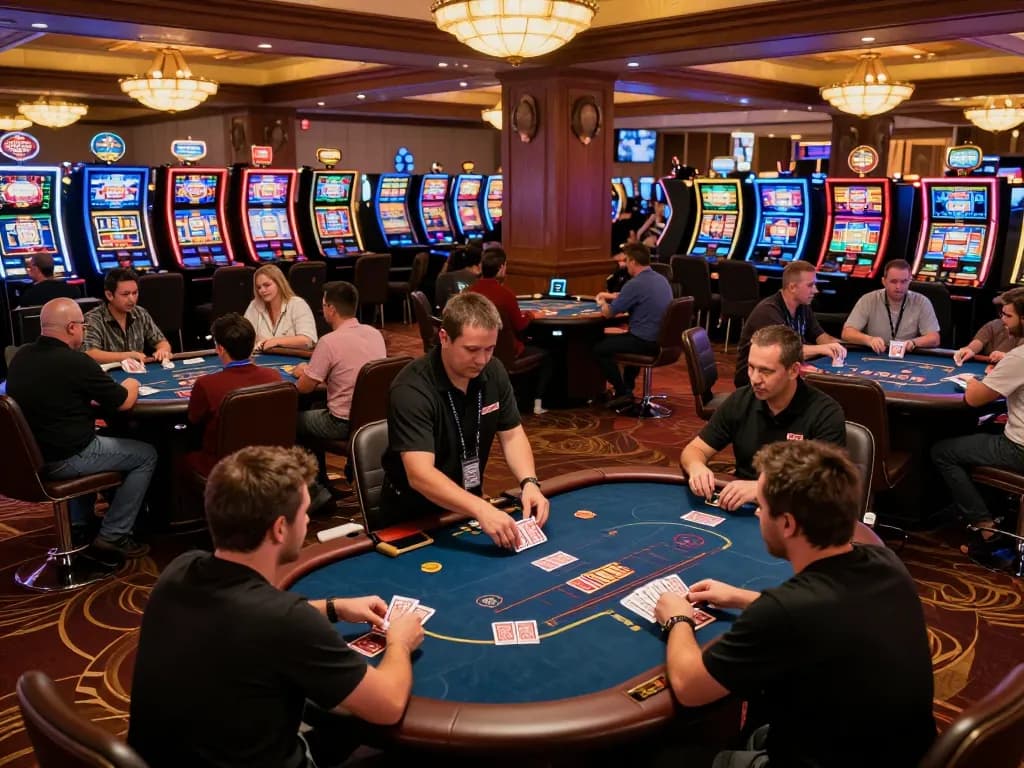 Players enjoying a lively poker game at a luxury casino, experiencing the thrill of ku win.