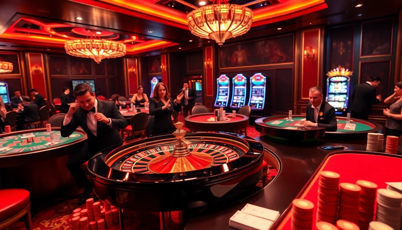 Dynamic casino scene highlighting Nhà cái uy tín with engaged gamblers at roulette and poker tables.