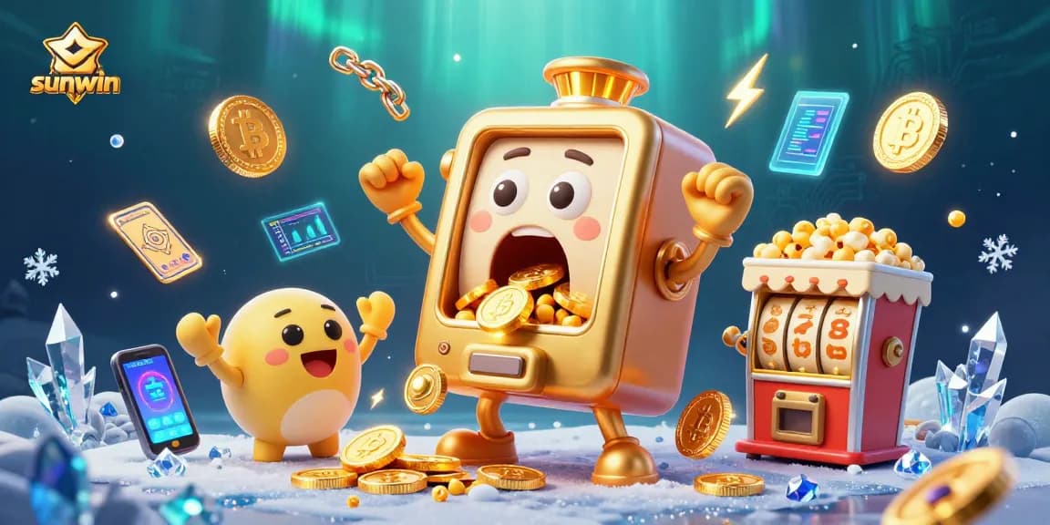 Win big at Sunwin with a golden slot machine hitting the jackpot while coins cascade down!