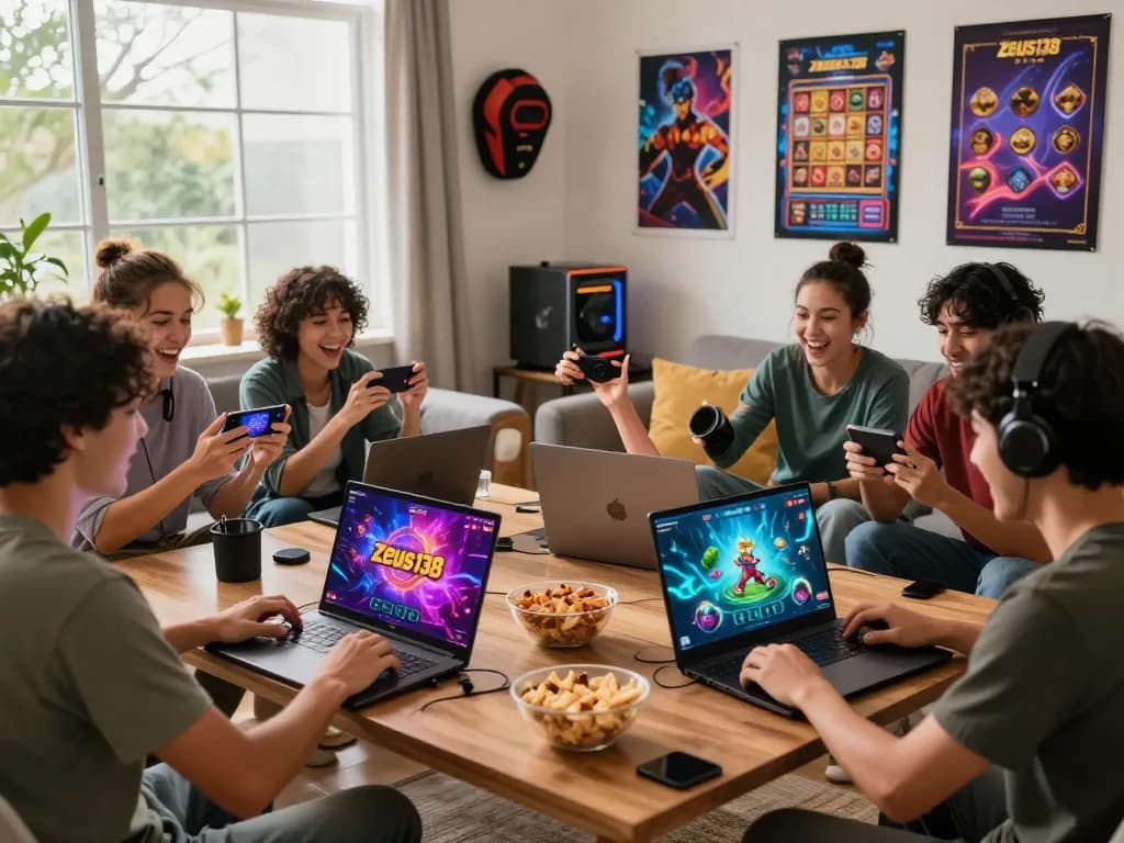 Friends enjoying a gaming night on Zeus138 platform, showcasing excitement and vibrant graphics in a cozy living room.
