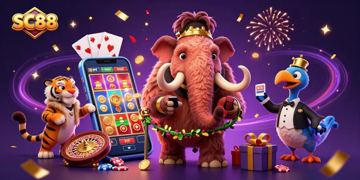 Engage in thrilling casino action with SC88 as a woolly mammoth bouncer checks IDs amidst slot games and exciting visuals.