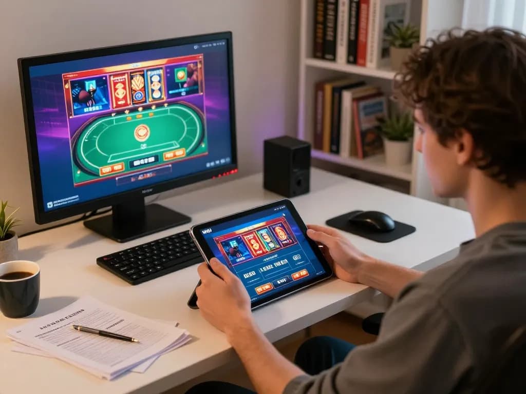 Player engaging with W4U casino app during online gaming session in a cozy home office