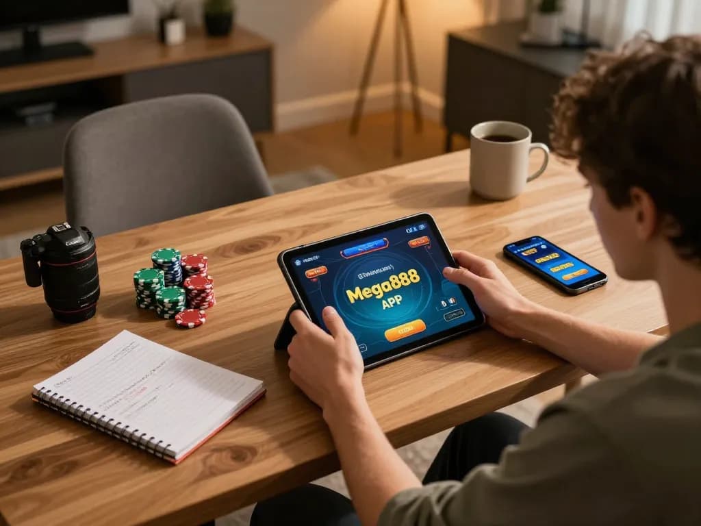 Mega888 APK showcased on a tablet during an intense online gaming session with poker chips nearby.