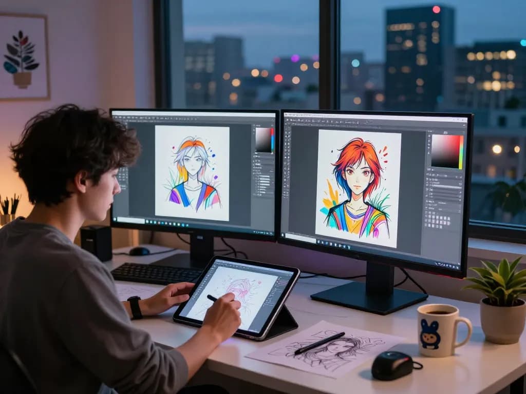 Artist creating dynamic ai nsfw artwork in a vibrant digital studio setting, surrounded by creative tools.