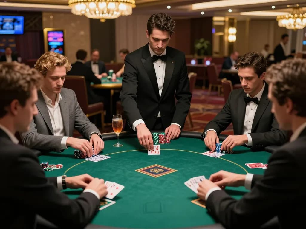 Engaging poker players at Bsport comfortably strategizing their bets in a luxurious casino setup.