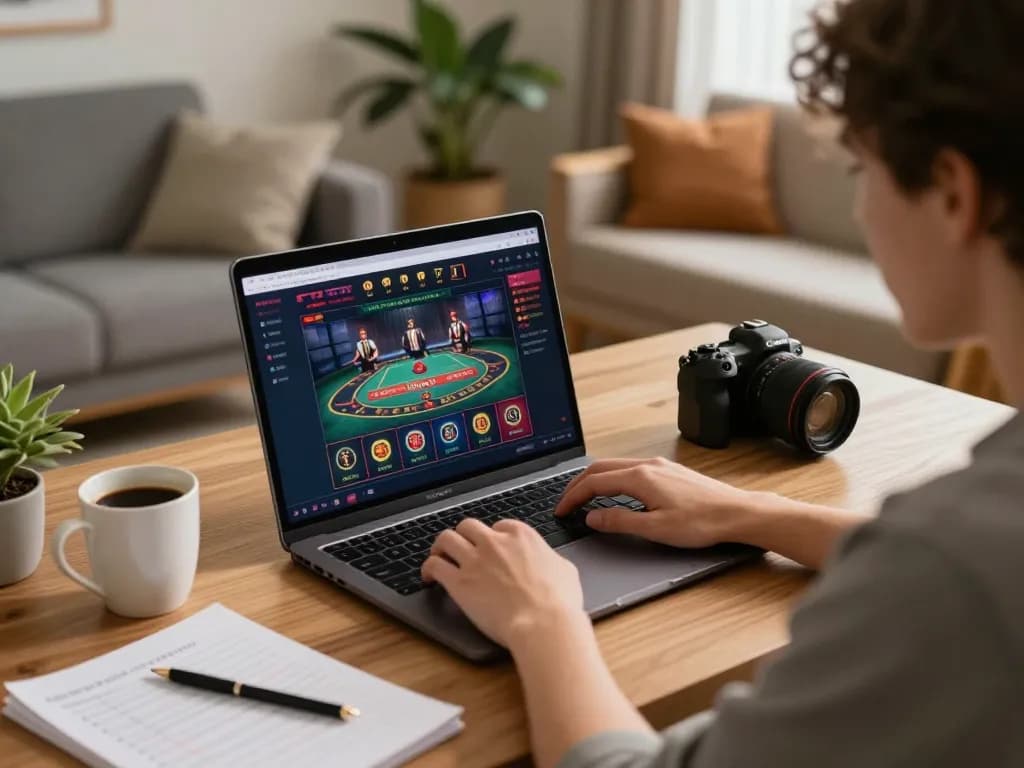 Gambling strategies in action at home, using https://rr888.shopping/ for online casino gameplay, laptop screen displaying live game.