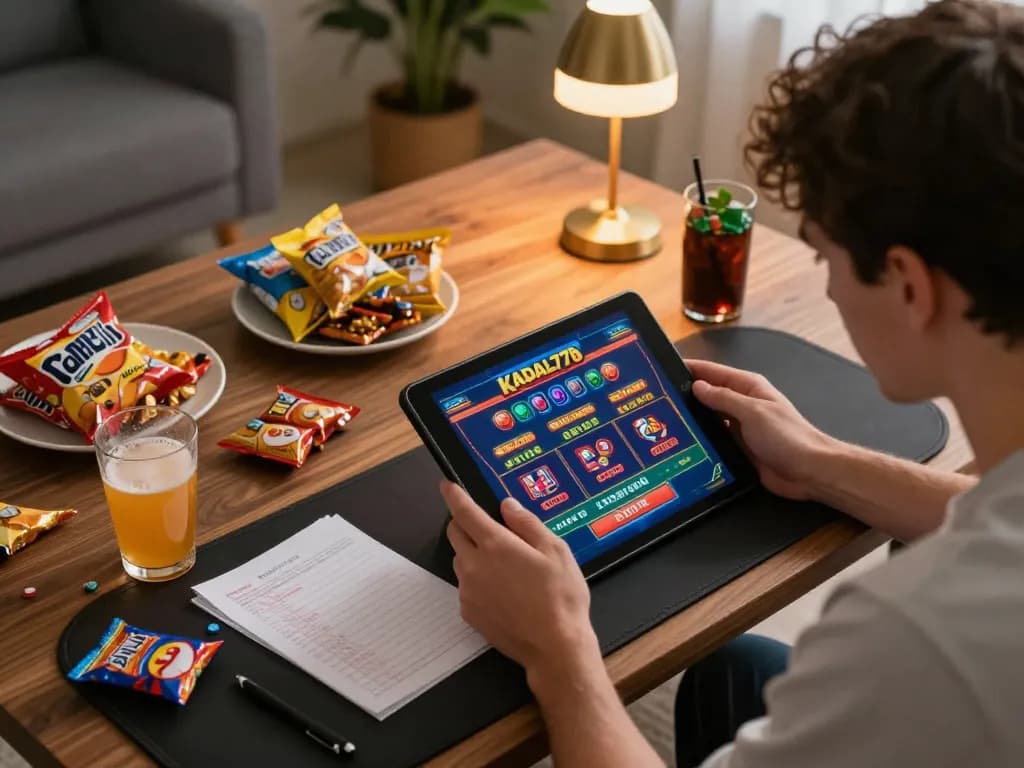 KADAL778 player strategizing bets while enjoying online casino games in a cozy home setting.