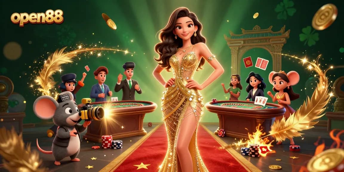 Join the excitement of open88 with stunning visuals of casino gaming, vibrant colors, and dynamic characters.