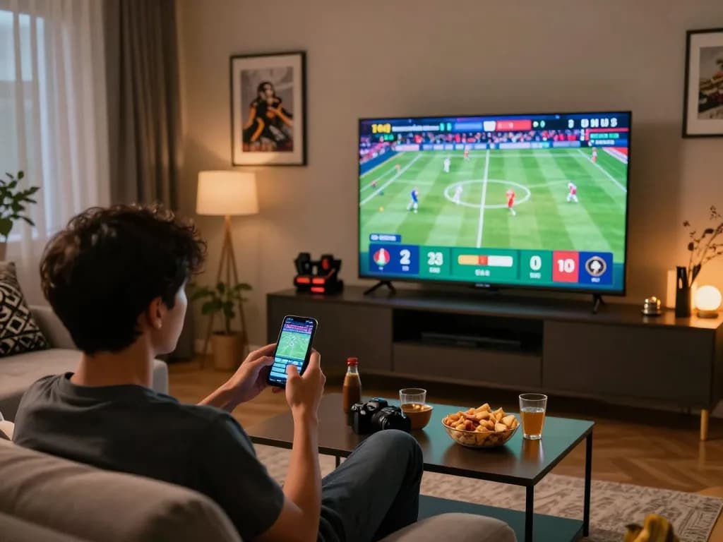 Engaging in sports betting on bdtk66.one with smartphone while enjoying a game at home.
